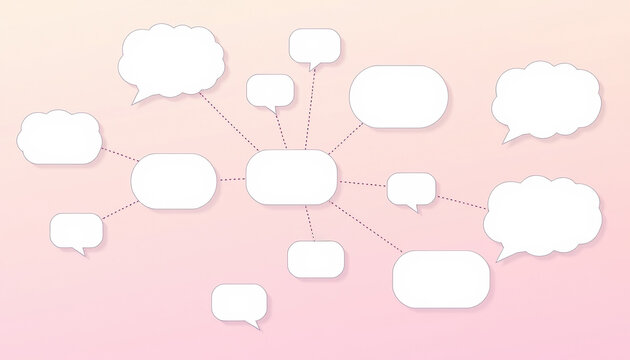 Speech or Thought Bubble Network on Pink Background, Communication Flowchart Template, Conversation Mapping Tool
