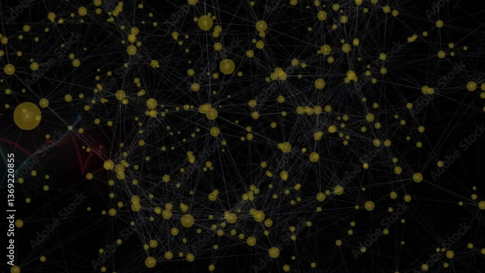 Poster animation of yellow nodes and lines forming complex network on black background
