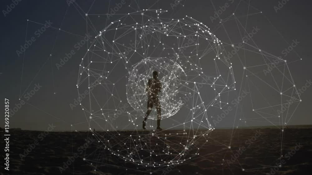 Poster running person surrounded by digital network connections forming animation sphere