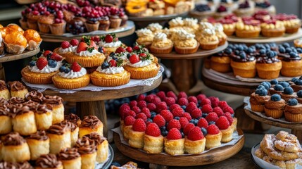 Delicious Array of Colorful Mini Desserts and Pastries at a Bakery Display