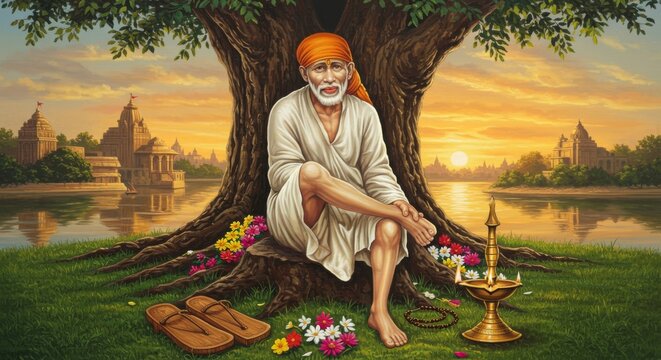 Shirdi Sai Baba Sitting Under a Sacred Tree