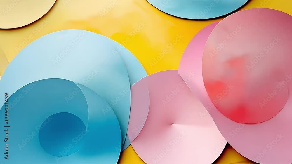Poster geometric harmony in hues: captivating close-up of precisely arranged, circular paper forms in soft 