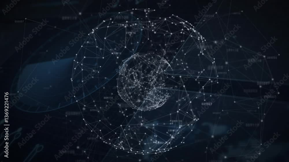 Poster digital animation of network nodes forming spherical structure on dark background