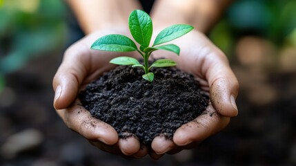Hands Holding Fresh Soil with Green Plant Seedling in Nature - Eco-Friendly Growth