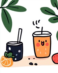 Playful Cartoon Drinks Illustration with Fruit and Leaves