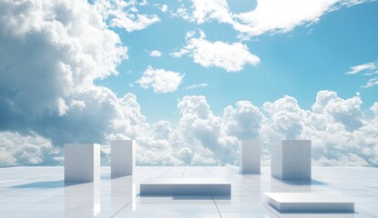 White marble podiums outdoors under a cloudy sky