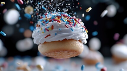 Sweet treat in mid-air, sprinkled with vibrant colors