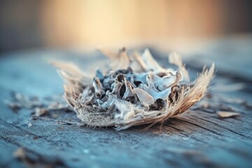 Close-up of bleached animal remains, possibly a bird skull, nestled in weathered feathers on aged wood.