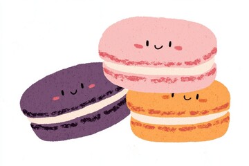 Playful Illustration of Three Colorful Macarons with Happy Faces