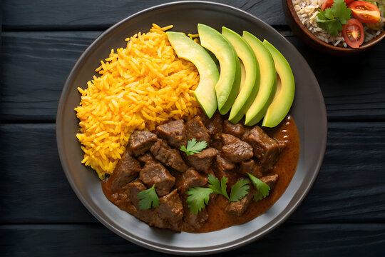 Chivos beef chunks with rice and shredded cheese, avocado and tasty garnish