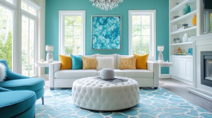 A chic modern living room in a teal and white color scheme, with built-in shelving that provides both storage and aesthetic appeal. Colorful accent pillows on the sofa add pops of color,