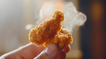 Crispy fried chicken piece held in hand with steam rising, showcasing its golden texture