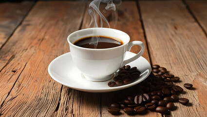 Fototapeta premium Coffee cup on top of rustic wooden table with coffee beans