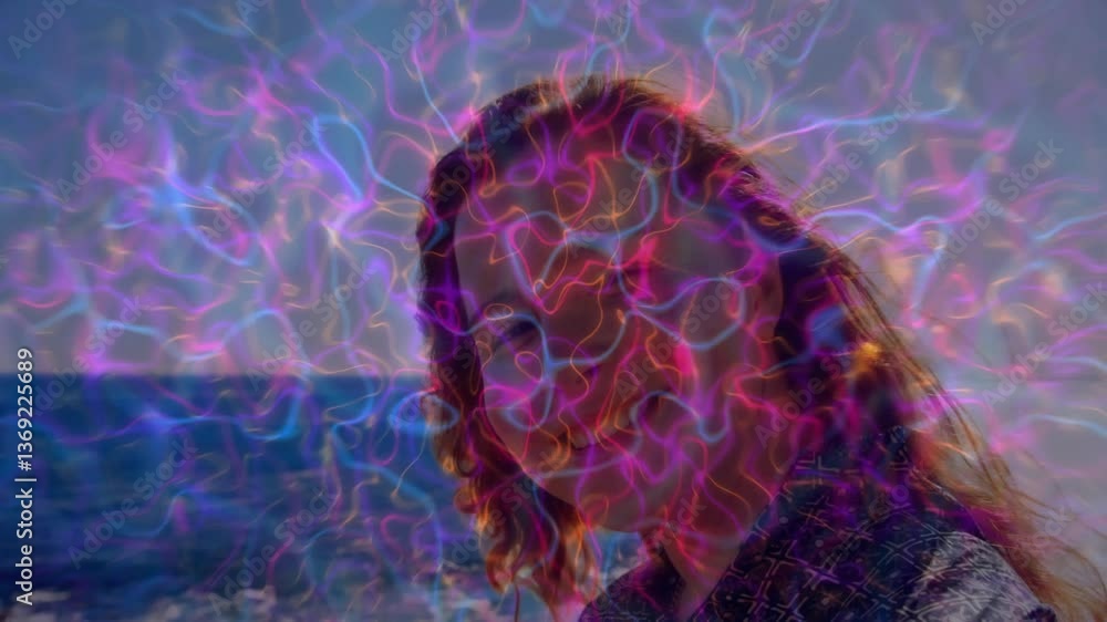Poster standing by ocean, person with colorful abstract patterns in animation style
