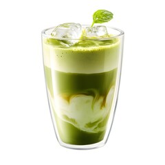 Vibrant green iced matcha coffee latte with rich layers and a creamy foam topping served in a transparent double walled glass tumbler