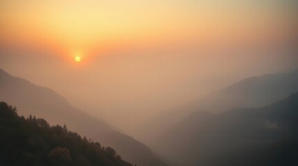 Golden Sunrise Over Misty Mountain Valley,sunrise over mountains, misty valley, golden hour, morning glow, scenic landscape, nature photography, tranquil scenery, sunrise clouds
