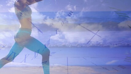 Exercising on beach, person with clock animation overlaying sky and ocean - Powered by Adobe