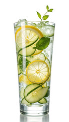 Detox Water with Fruits in Glass &ndash; lemon, cucumber, mint. in white bacground