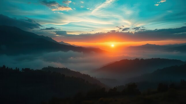 Golden Sunrise Over Misty Mountain Valley,sunrise over mountains, misty valley, golden hour, morning glow, scenic landscape, nature photography, tranquil scenery, sunrise clouds