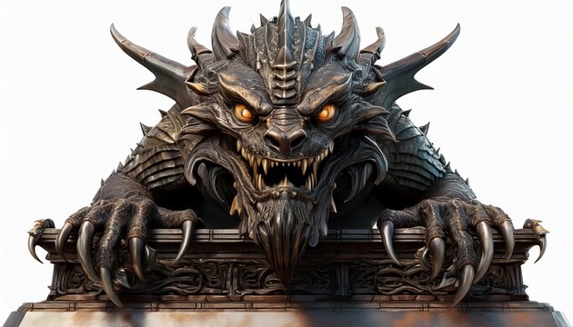 A 3D rendered of a monster on top, isolated against white background; a lizard like monster with sharp teeth and claws with a menacing stare; scary dragon villain with a white background