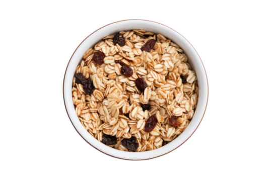 granola with raisins in bowl on white background