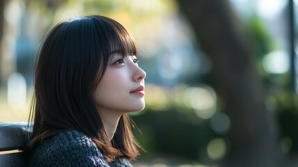 公園のベンチに座る日本人女性