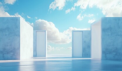 Abstract concrete structures with open doors, sky background, modern design