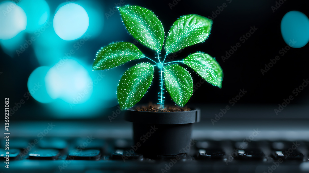 Poster growing digital greenery a virtual plant display on a keyboard modern tech environment close-up view