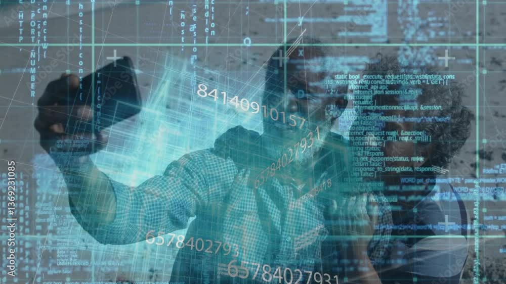 Poster digital data and coding animation over people interacting with virtual interface