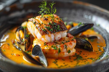 French Bouillabaisse seafood stew deconstructed, perfectly arranged langoustine, mussels, and saffron broth on a flat porcelain plate, gourmet style