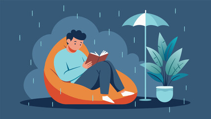 Nestled in a bean bag chair a person lazily reading a gripping mystery novel while rain gently falls outside.. Vector illustration