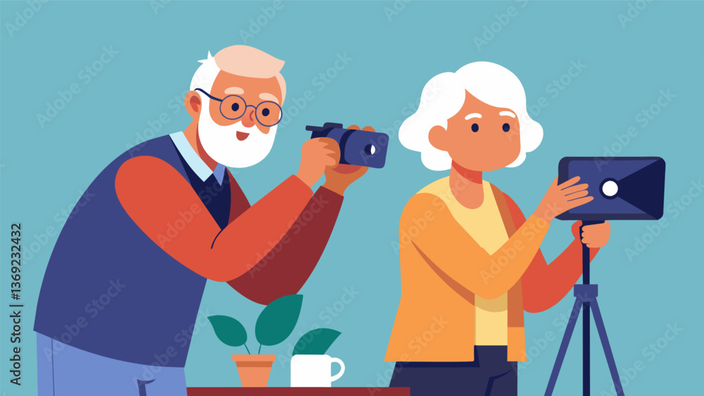 Poster an older couple takes a photography class learning how to capture and edit digital images on their s