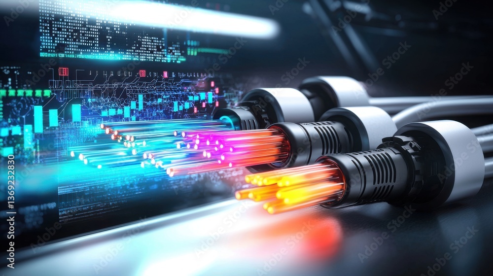 Poster glowing fiber optic cables transmitting high speed digital data and information through a futuristic