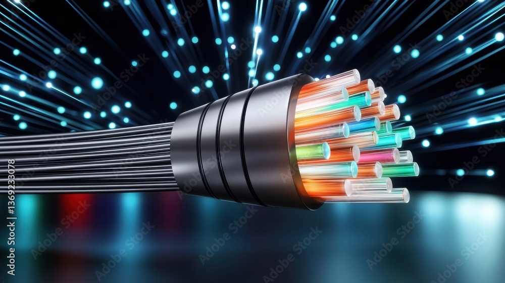 Poster fiber optic cable with data and technology elements shown in an abstract and futuristic backdrop rep