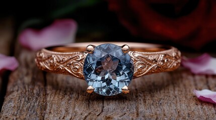 Naklejka premium Elegant rose gold ring with a blue gemstone on a wooden surface.