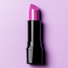 A vibrant pink lipstick on a lilac background.
