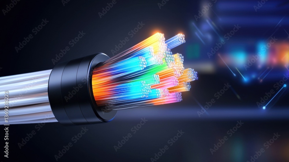 Poster vibrant fiber optic cable transmitting high speed digital data in dynamic motion with blurred multic