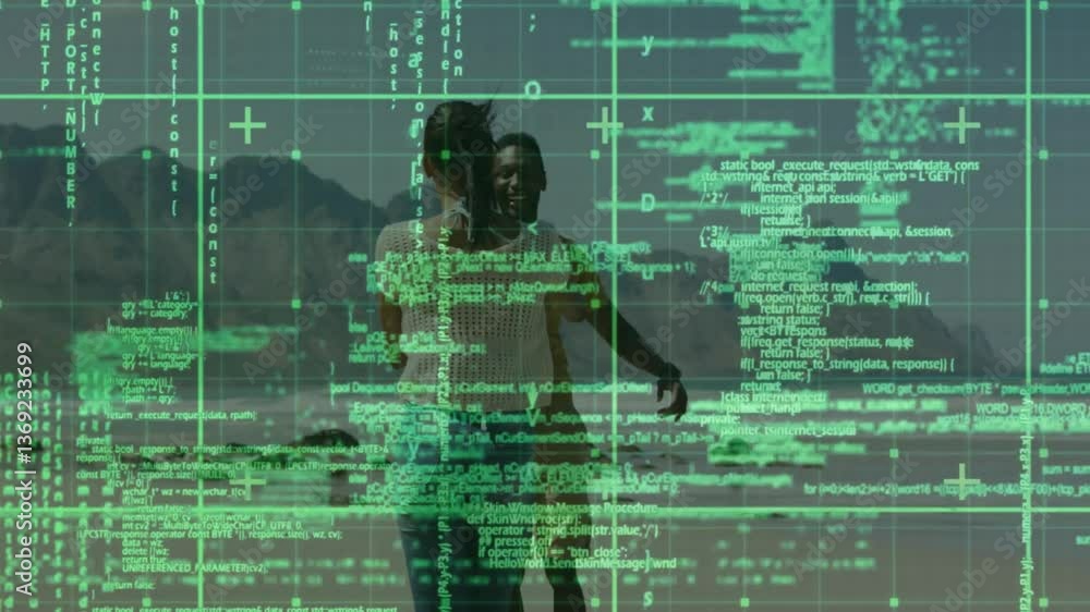 Poster people walking on beach with digital data and coding overlay animation