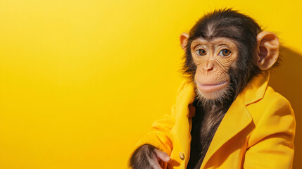 A cute pan troglodytes monkey portrait wearing business suit costume on simple color wall anthropomorphic studio work fashion modern background with copy space, wild animal advertising yellow poster