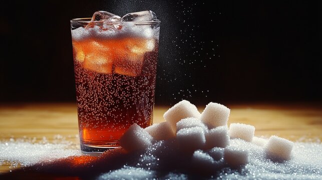 medium plan, horizontal angle, there is a harmful energy drink on the table, a mountain of sugar is scattered around