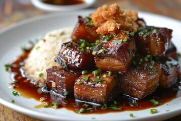 Filipino Adobo pork belly cubes glazed in soy vinegar sauce, plated with rice disk