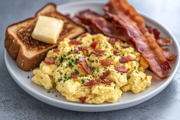 Naklejka premium Delicious breakfast plate with scrambled eggs, bacon, and toast.