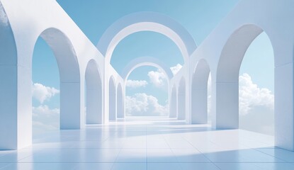 White arched colonnade, tranquil sky, architectural interior,  digital render