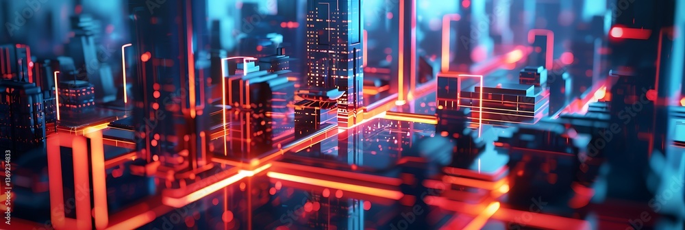 Poster abstract representation of a futuristic city with glowing neon red and blue lines tracing connection