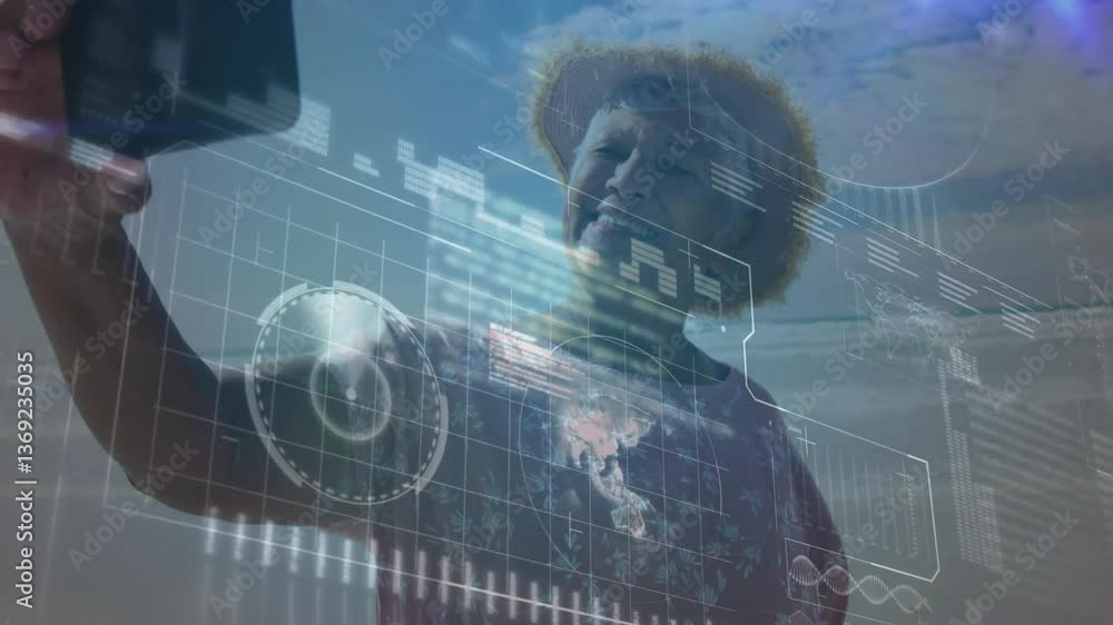 Poster taking selfie, person with digital data and animation overlaying background