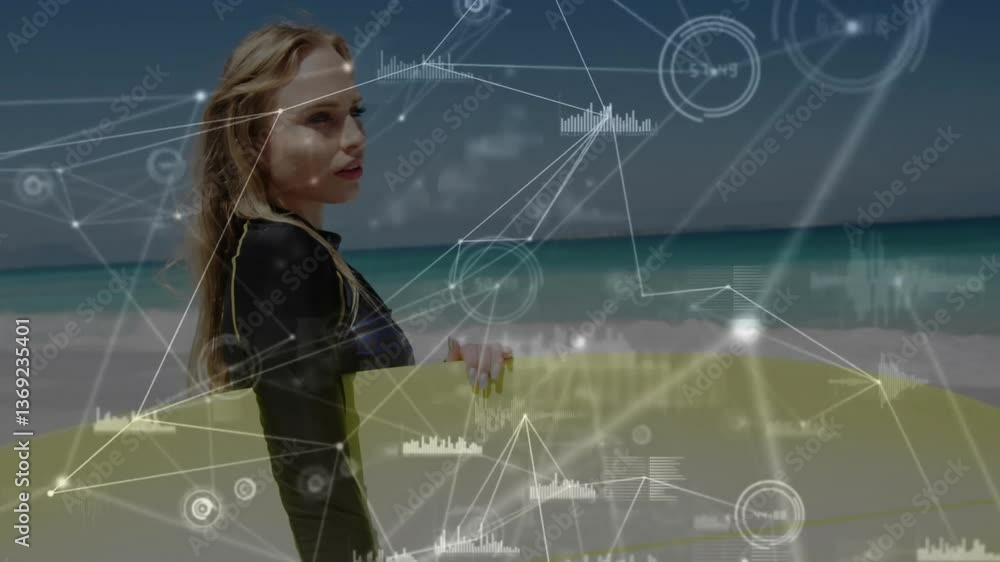 Aufkleber woman at beach with digital network and data processing overlay animation