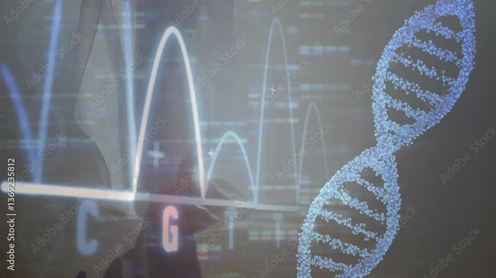 Poster dna strand with binary coding, processing scientific data, animation concept
