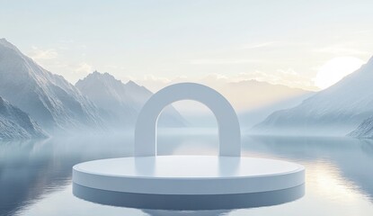 White podium, mountain lake, sunrise, empty stage