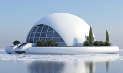Obraz premium Futuristic dome house on water with platform, trees, and serene background