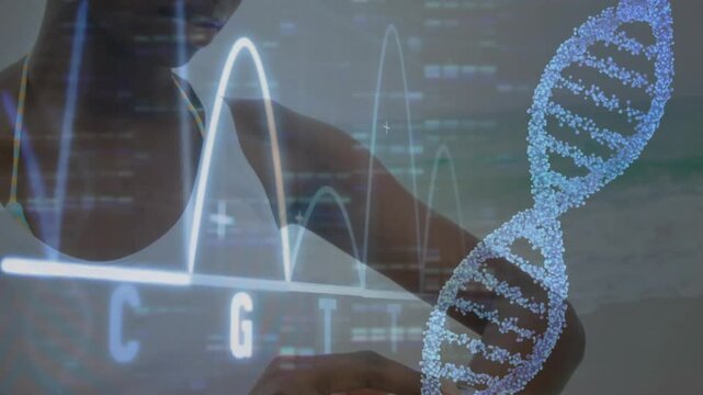 DNA strand and genetic data animation over person in scientific setting
